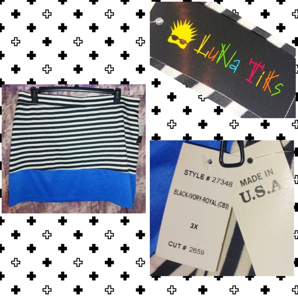 Luna Tiks brand Blk/Wht/Blue Stripes & Colorblock Knit Mini Skirt Jrs Plus Sz 3X